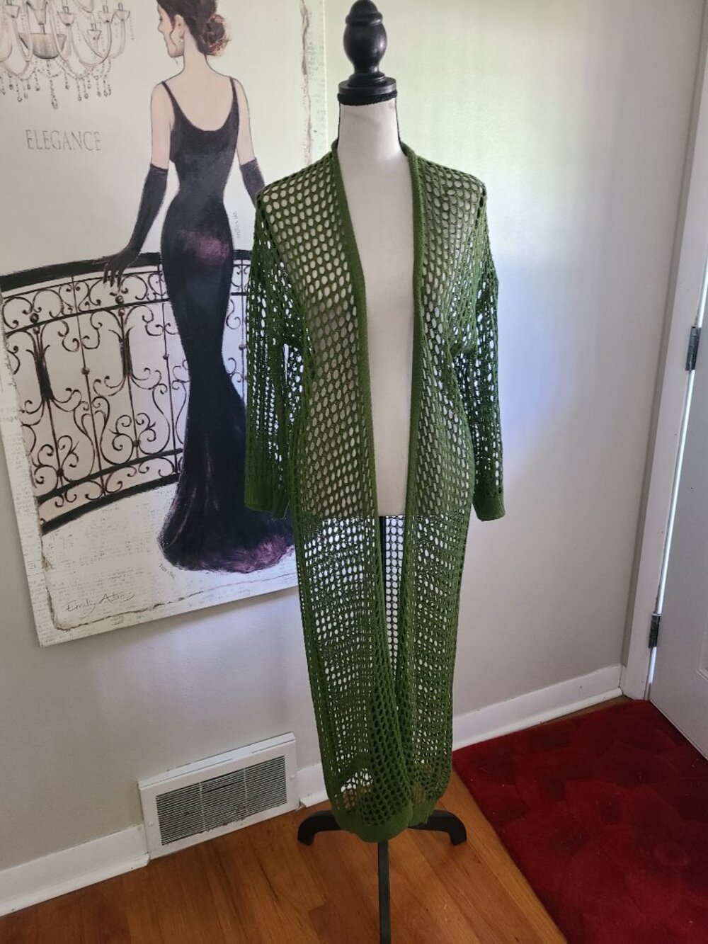 Dark Green Crochet Duster SZ L Open Front Hippie Gypsy Bohemian Long Sleeve